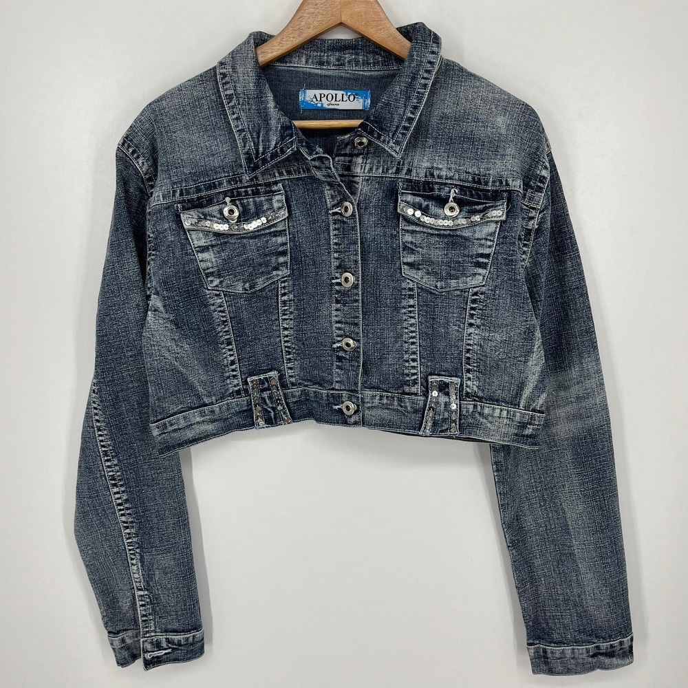Apollo Jeans Women 2XL Blue Acid Wash Sequin Cropped Denim Jacket Y2K Style
